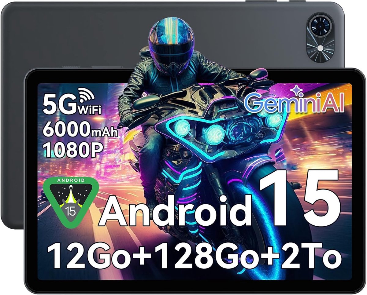 TABWEE Tablet T80 - 5G WiFi - Gemini AI - 12GB RAM - 128GB ROM - 6000 mAh - Android 15 - Bluetooth 5.0 - 1080P - Grijs