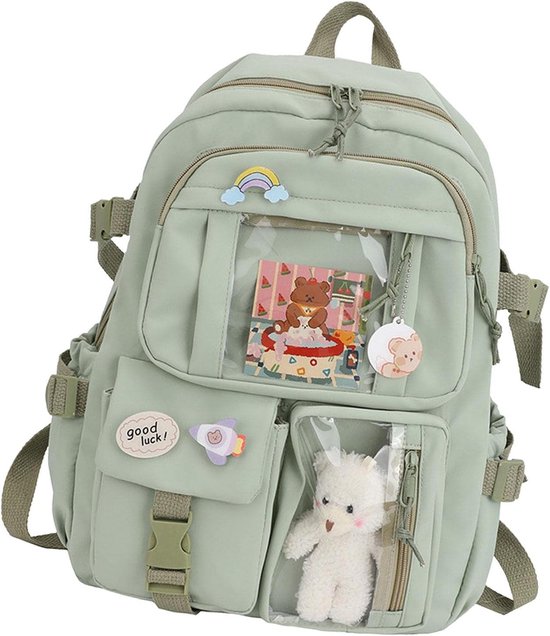 Schooltas - Rugtas - Tas - Rugtas Meisje - Schoolrugzak - Stijlvolle Kawaii Rugzak met Pin en Hanger - Grote Capaciteit Kinderen Premium Rugzak - met Zijvak en Voorvak met Ritssluiting - Groen