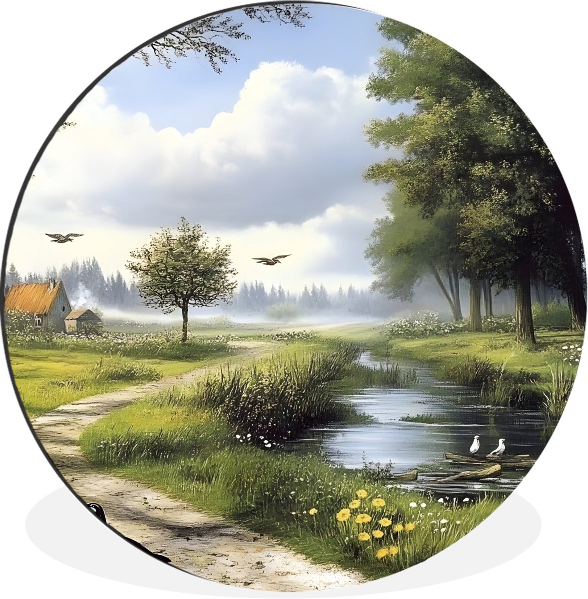 WallCircle Wandcirkel - Muurcirkel - Zandpad - Groen landschap - Water - Aluminium - Dibond - 120x120 cm - Binnen en Buiten Zandpad - Water