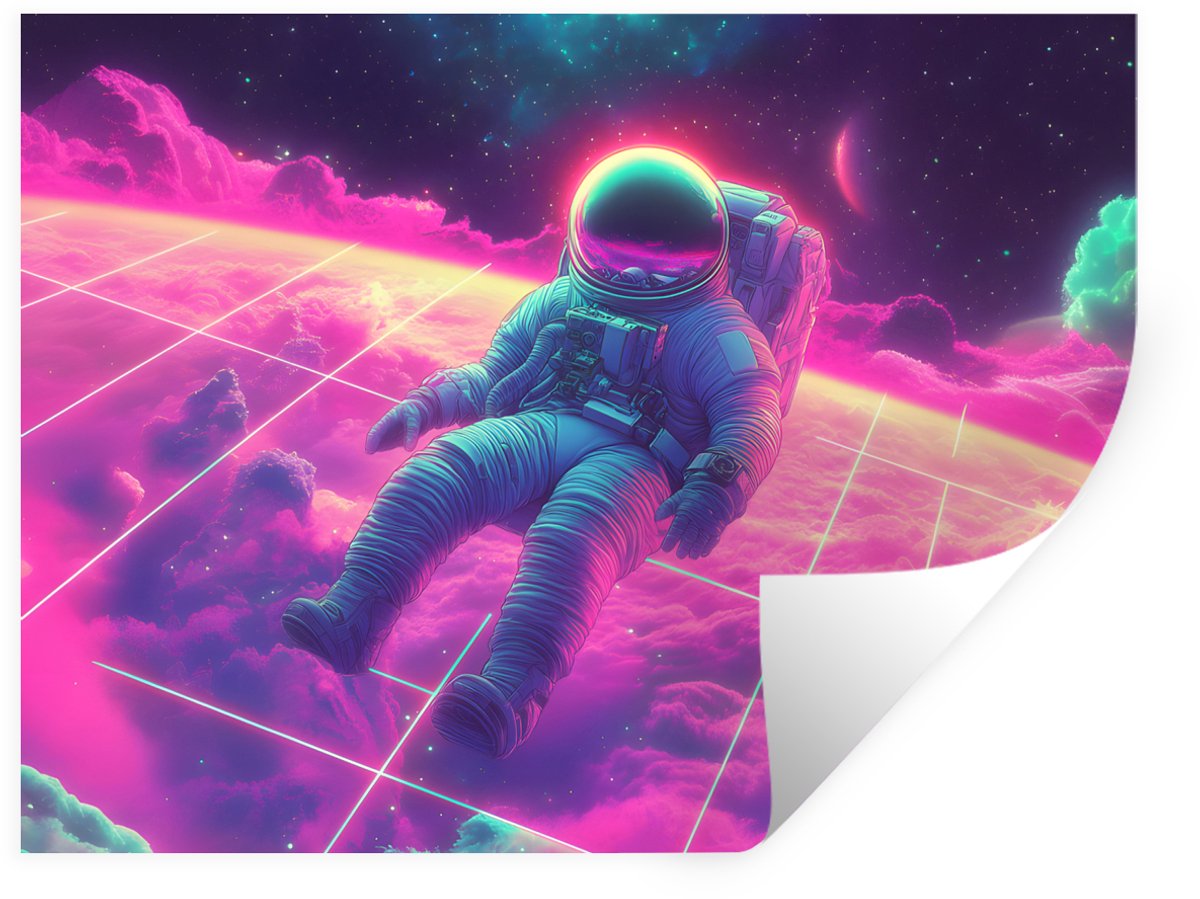 Muurstickers - Sticker Folie - Astronaut - Neon - Roze - Wolken - 120x90 cm - Plakfolie -