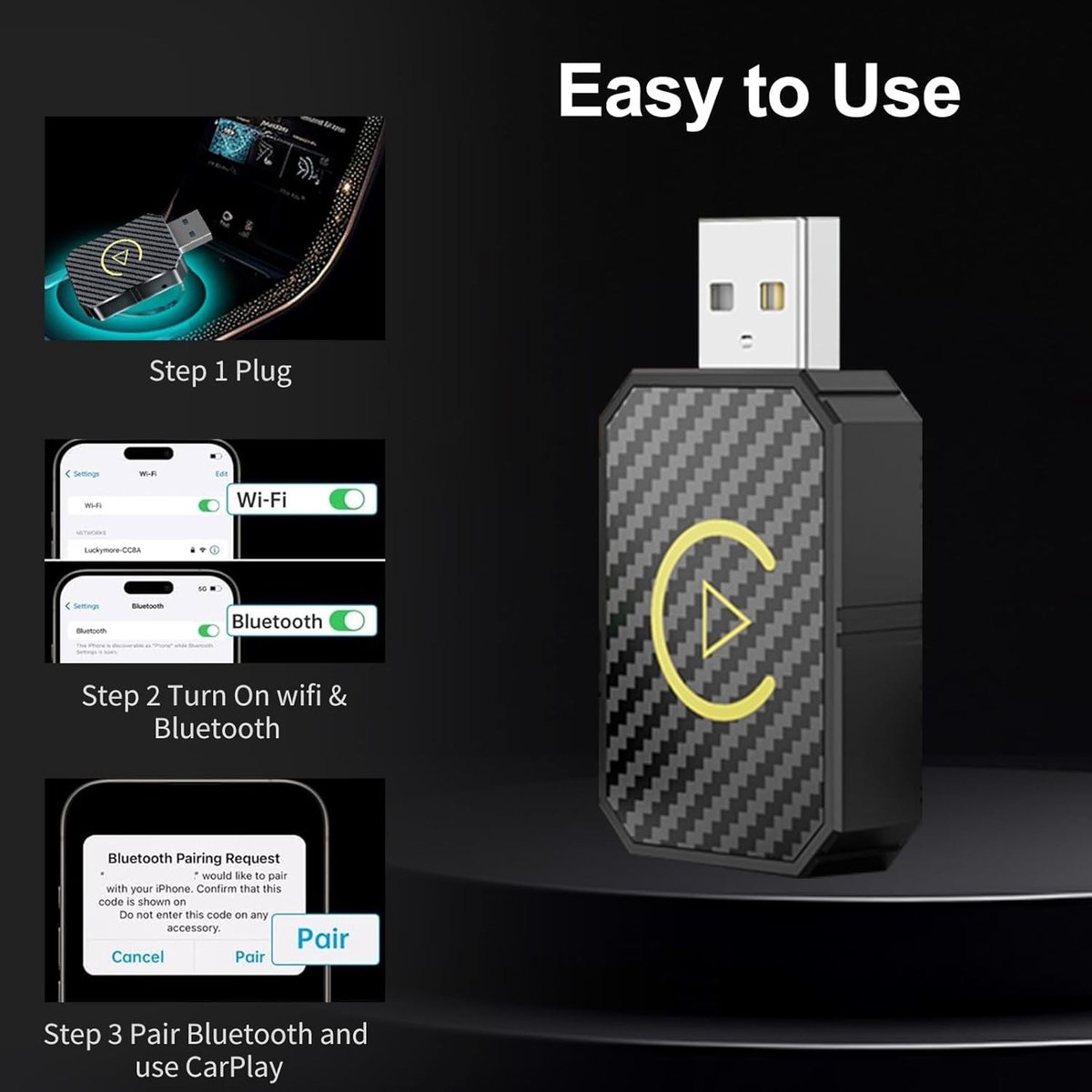 Draadloze CarPlay Android Auto adapter USB Plug & Play Bluetooth 5.0 WiFi voor iPhone en Android auto’s vanaf 2017 - Afbeelding 2