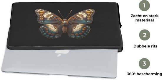 Laptophoes met een kleurrijke vlinder met mozaïekpatronen. Zacht en sterk materiaal, dubbele rits, 360° bescherming.