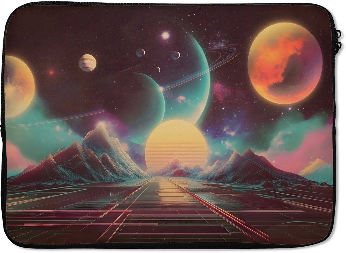 Laptophoes 13 inch - Planeten - Neon - Berglandschap - Zon - Laptop sleeve - Binnenmaat 32x22,5 cm - Zwarte achterkant