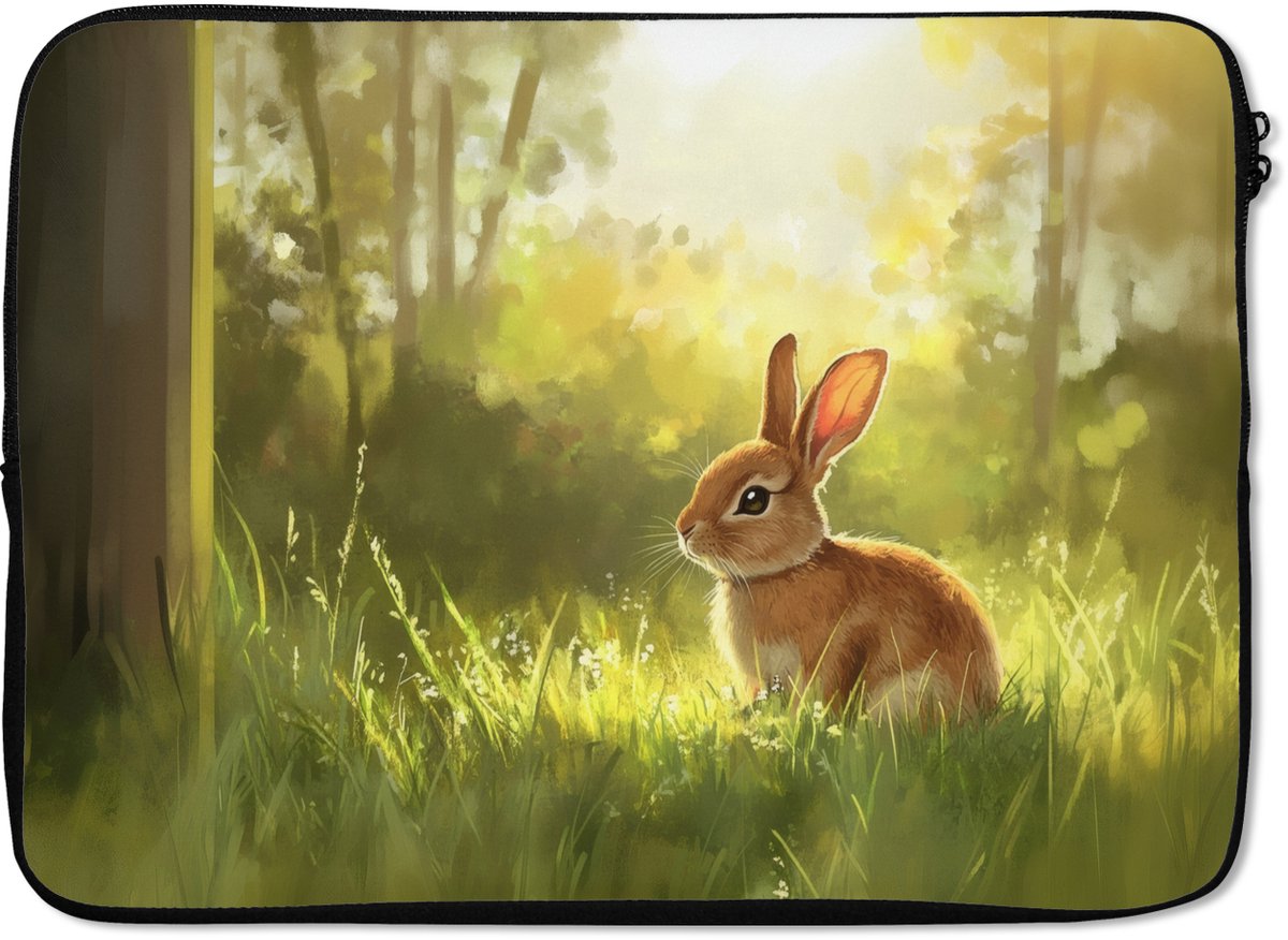 Laptophoes 14 inch - Konijn - Zonlicht - Bos - Laptop sleeve - Binnenmaat 33x23 cm - Zwarte achterkant