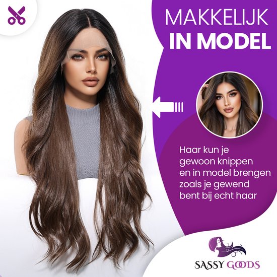 Model met lang, golvend, donkerbruin haar. Haar kan geknipt en gemodelleerd worden.