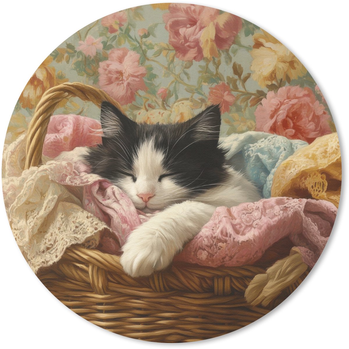 Muismat rond 20x20 cm - Mousepad Kat - Bloemenprint - Rieten mand - Ronde muismatten