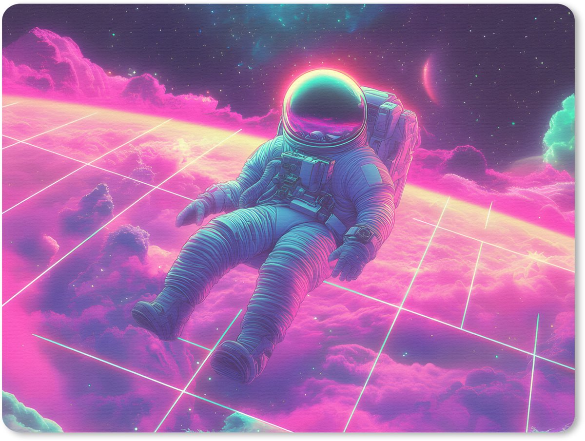 Muismat 23x19 cm - Mousepad Astronaut - Neon - Roze - Wolken - Muismatten