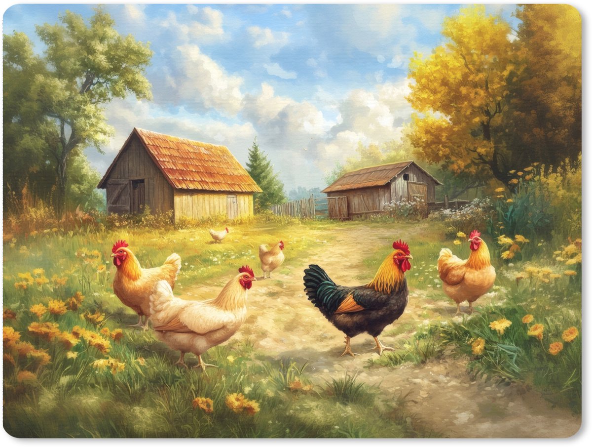 Muismat XXL 80x60 cm - Bureau onderlegger - Bureau mat Kippen - Landelijke rust - Natuur - Bureaumat - Gaming mousepad xl - Bureaulegger groot - Computer deskmat