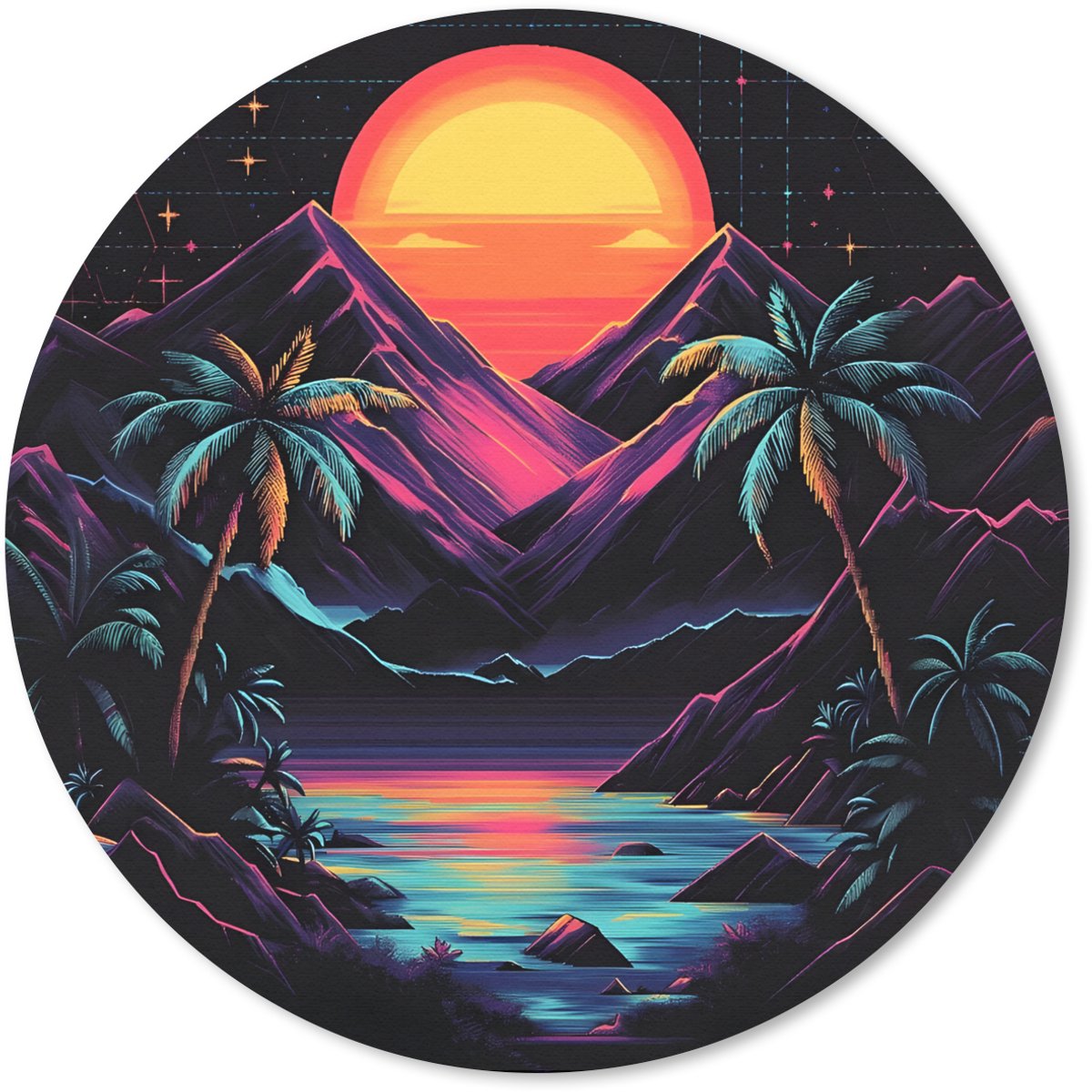 Muismat rond 20x20 cm - Mousepad Palmbomen - Neonbergen - Sterrenhemel - Zon - Ronde muismatten