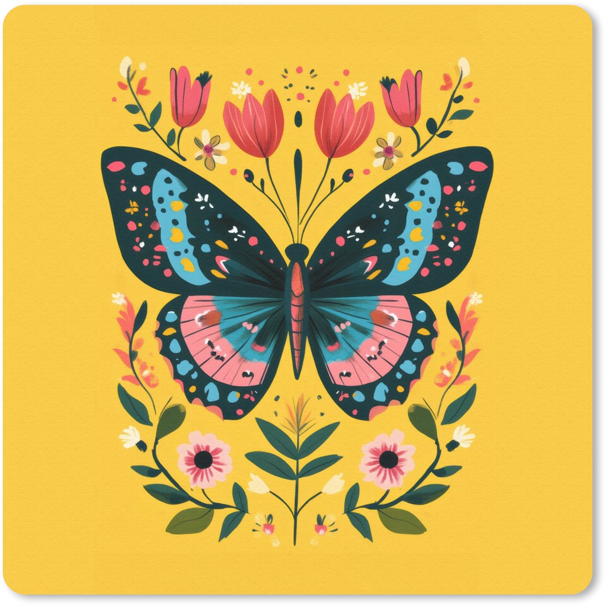 Muismat 30x30 cm - Mousepad Bloemen - Kleurrijk - Vlinder - Sierlijk - Muismatten