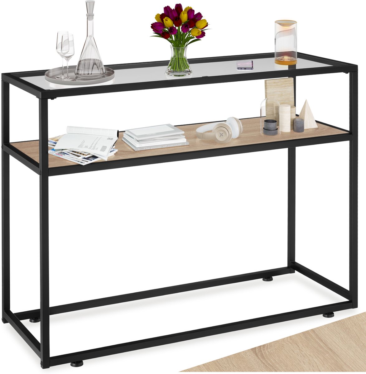 Tectake Consoletafel met plank en glazen blad - Sidetable met 2 niveaus - Dressoir met glazen blad voor in woonkamer, hal, keuken - Industrieel design - Zwart metalen frame - Afmeting (LxBxH) 100 x 41 x 80,5 cm - Lichtbruin