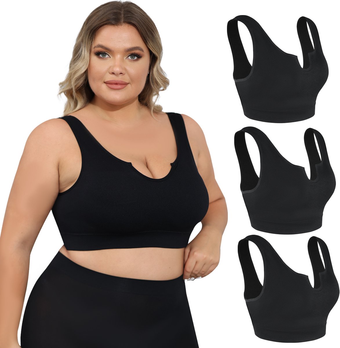 MEETHOO 3 -stuk Beha voor dames in grote maten - BH zonder beugel - Met uitneembare bh vulling - Extra comfortabele Sport BH - Beugelloze bh - met push up - Magic bra-Zwart-3XL