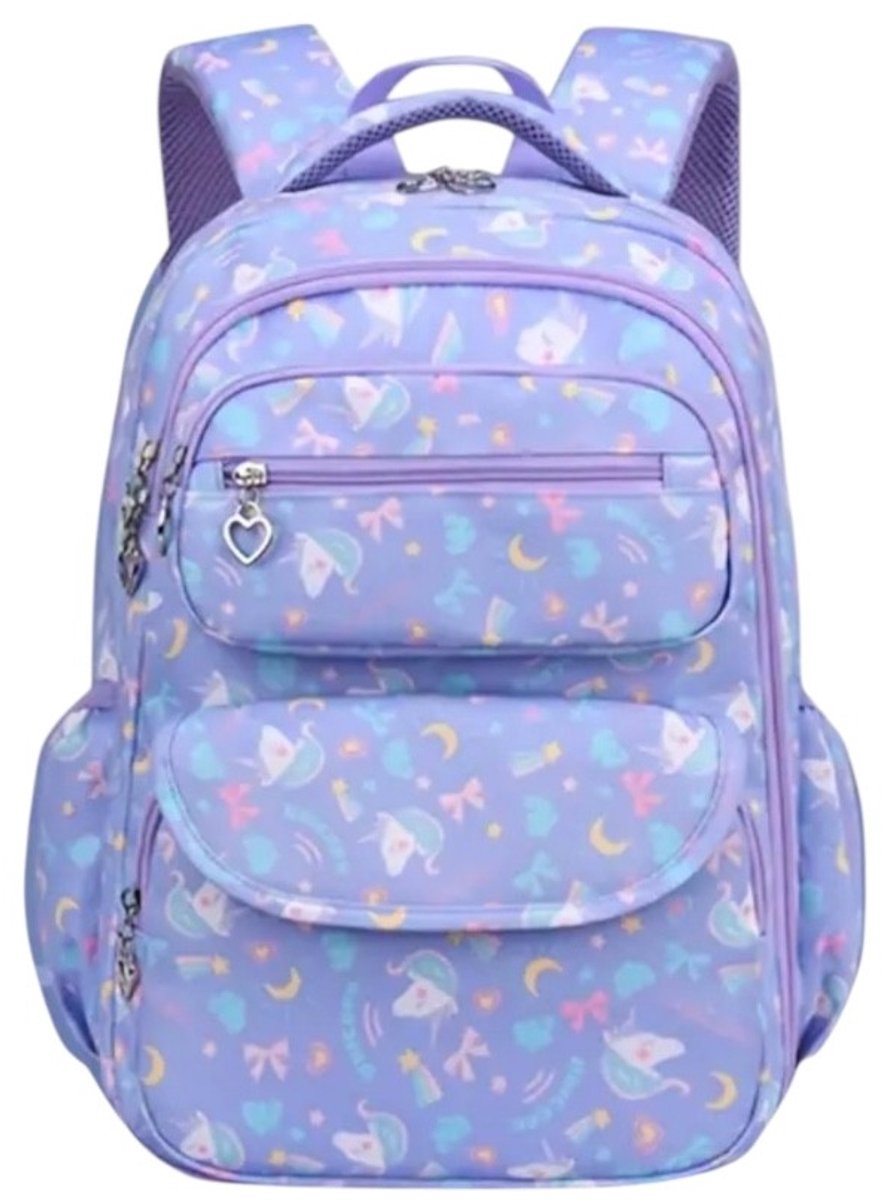 Twenty Two schooltas voor meiden/tieners | schooltas met hartjes ritssluiting | rugtas voor school/brugklas | 8 vakken | reflecterende strepen/verstelbare banden | schattige rugtas voor meiden | unicorn | paars-lila