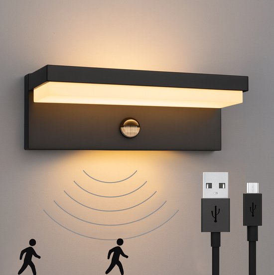 Luminize oplaadbare buitenlamp met bewegingssensor - solar en USB oplaadbaar - draadloos - dag en nachtsensor - zwart