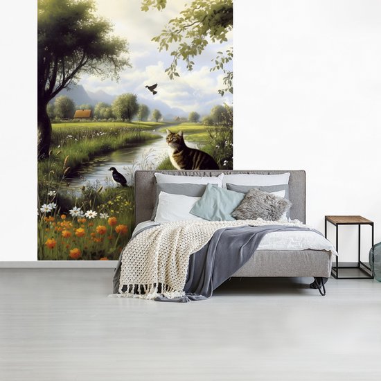 Behang - Fotobehang Kat - Beekje - Weide - Breedte 190 cm x hoogte 260 cm