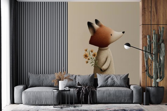 Behang - Fotobehang Vos - Gele bloemen - Minimalistisch - Breedte 195 cm x hoogte 260 cm