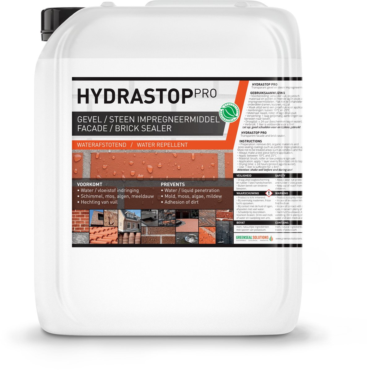Nr 1. Gevel impregneren - 100% Waterafstotend maken van Gevels, metselwerk, voegen - Buitenmuur, Dakpannen - Nano coating - Gevel impregneermiddel - Hydrastop Pro 10L (60m2)