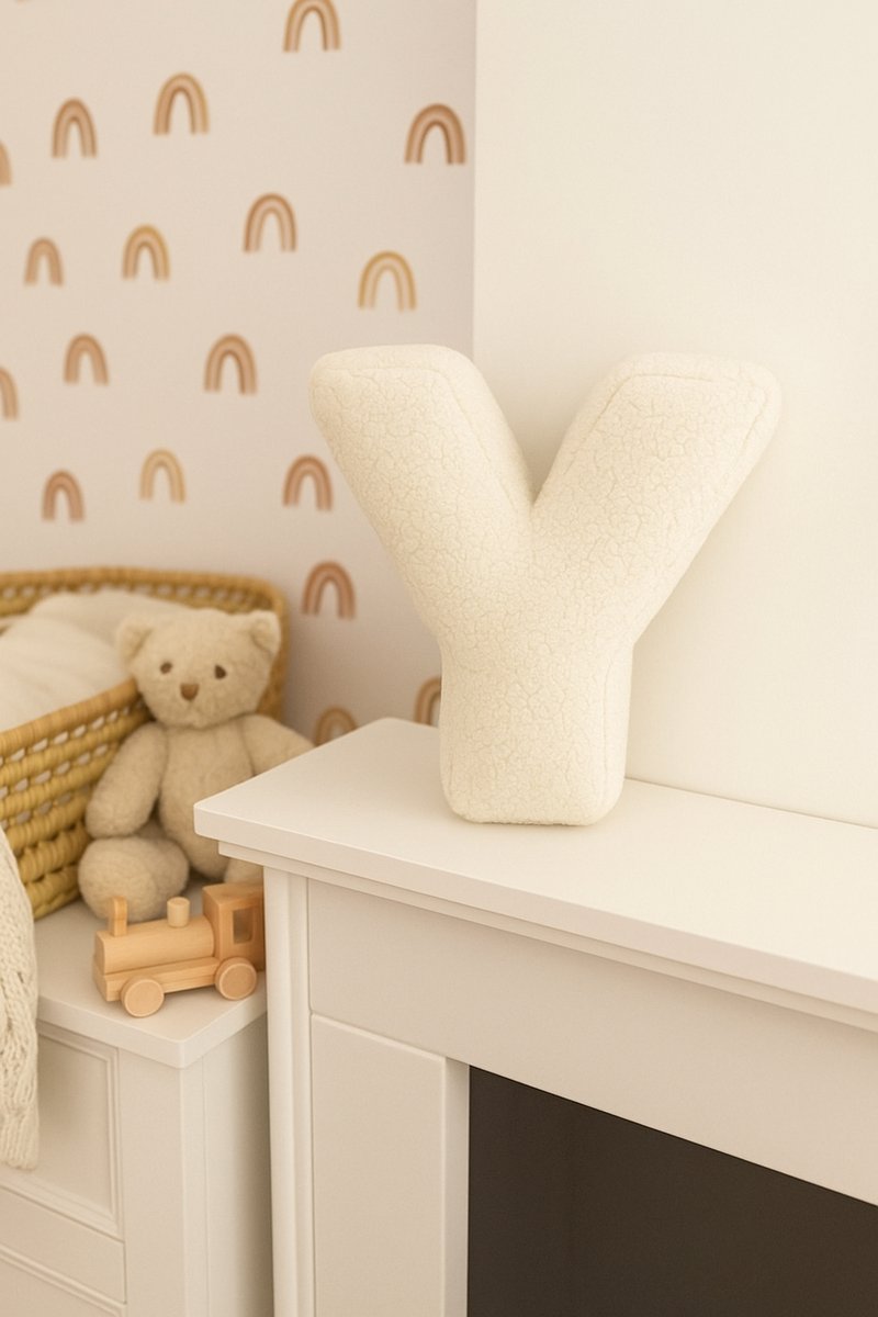Kraamcadeau Teddy Letterkussen Y - Zacht Letter Kussen voor de Babykamer - 40 x 35 cm - Gepersonaliseerd Babycadeau met Naam Letter - Decoratie Kinderkamer