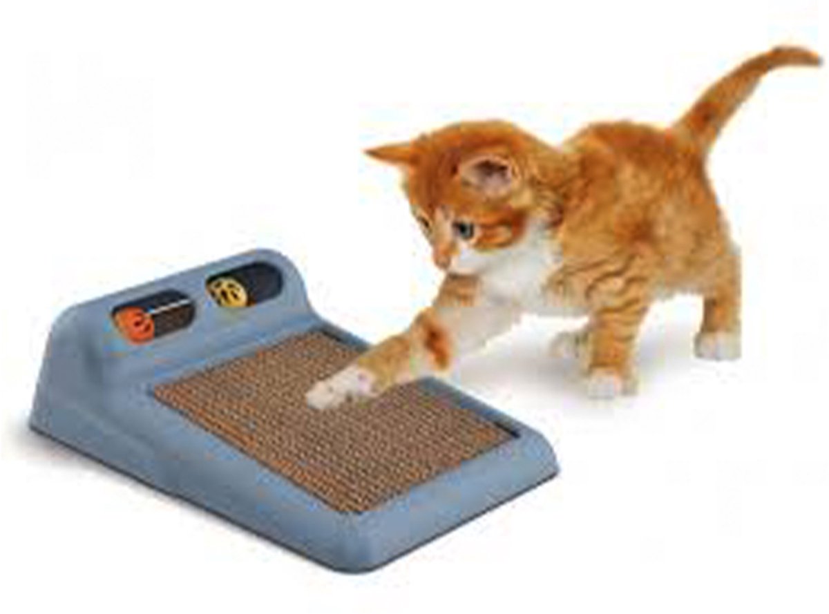 flipper - kattenkrabpaal met karton - +- 30 x 40 x 12 cm grijs - voorzien van 2 balletjes in speelgaten - plezier voor uw kat