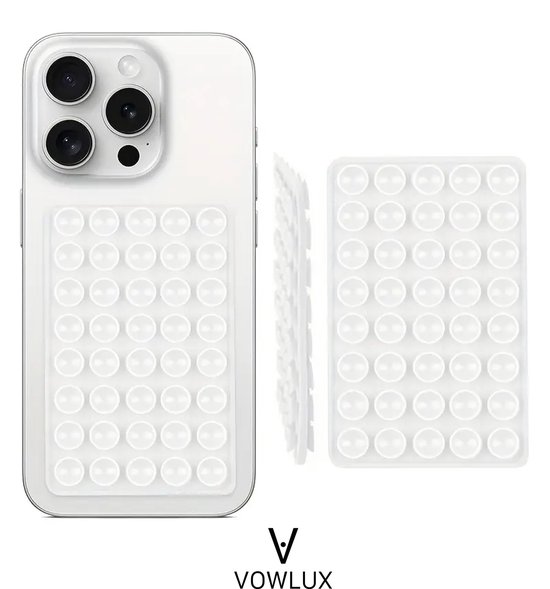 Coque de téléphone blanche avec 40 ventouses blanches, et une plaque de ventouses séparée à côté.