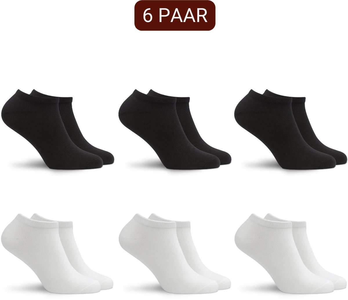 Sukats® 6 Paar Sneakersokken - Maat 39-42 - Zwart en Wit - Dames en heren sokken - Enkelsokken dames en heren - Meerdere maten en kleuren - Korte sokken - Naadloos