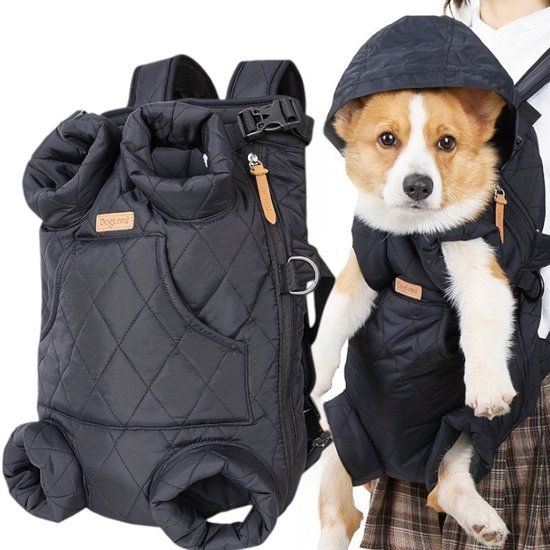 Zwarte hondendrager rugzak met capuchon, gewatteerd, met openingen voor poten en hoofd, en een corgi.