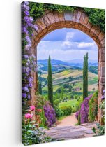 Tuinschilderij voor buiten 60x90 cm - Tuindecoratie Doorkijk - Toscane - Landschap - Poort - Tuinposter op canvas - Tuin muurdecoratie - Buitenschilderij decoratie - Schutting wanddecoratie - Buitencanvas