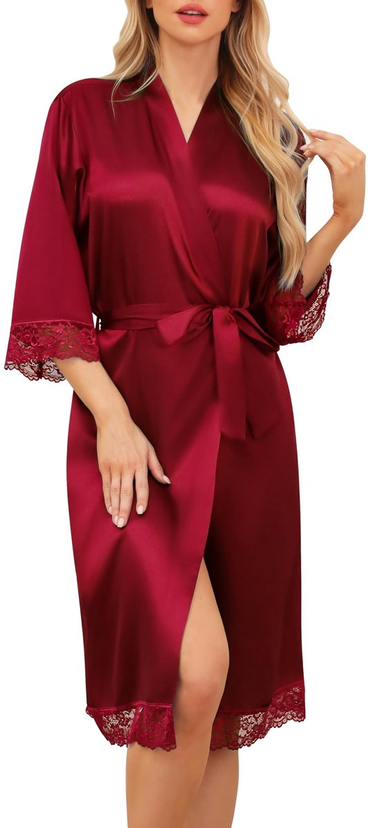 Unisex Morgenjas - Satijnen Lichtgewicht met V-hals - Voor Spa, Thuis en Hotel - Rood, Maat M