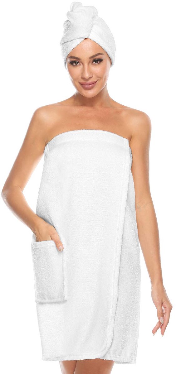 Dames Badjas Saunakilt & Haartuch - Met Klittenbandsluiting en Elastische Band - Voor de Sauna - Wit XL