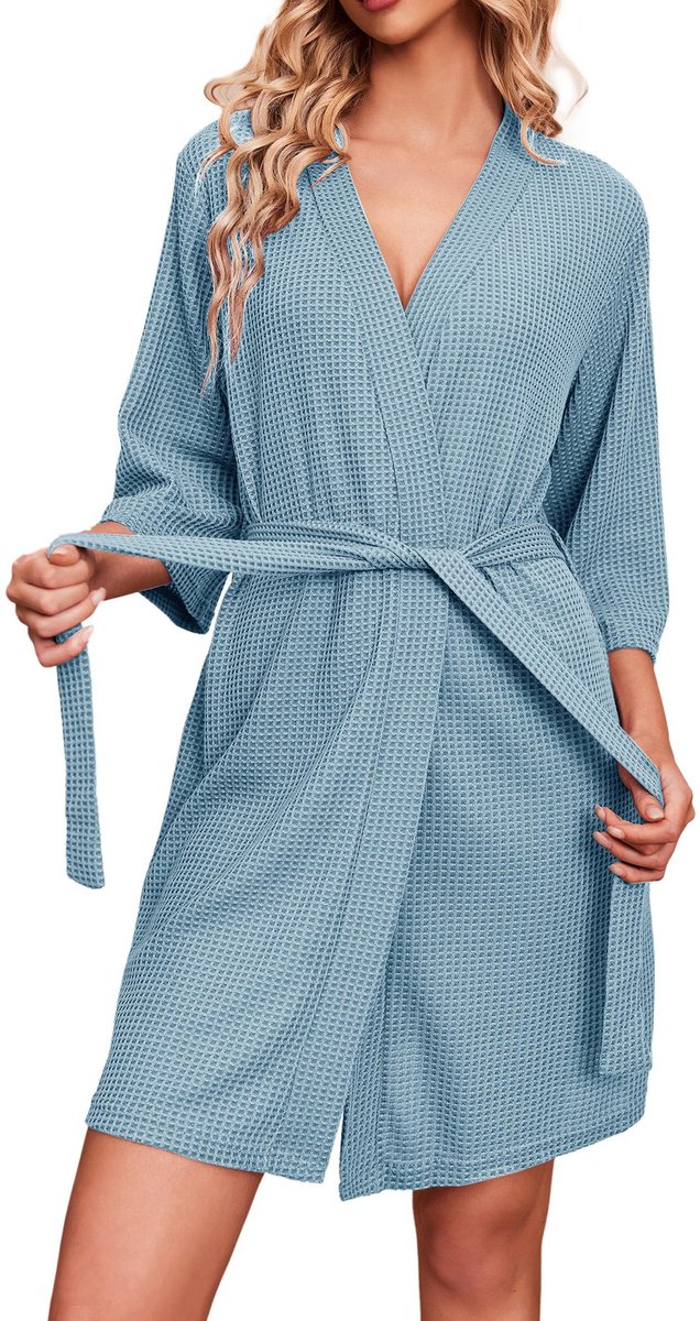 Dames Badjas - Lichtgewicht Wafel Piqué - 3/4 Mouwen - Lichtblauw - XXL