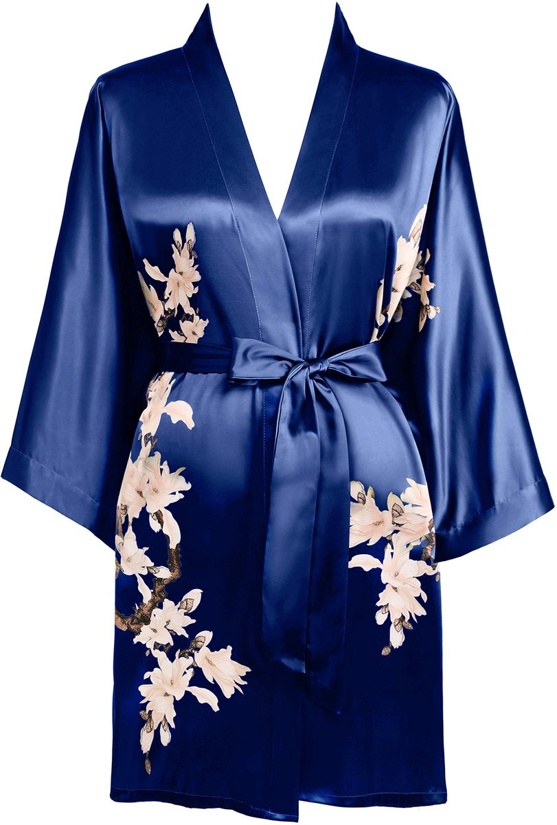 Dames Korte Satijnen Kimono - Met bloemenprint - Voor thuis en op het strand - Navyblauw