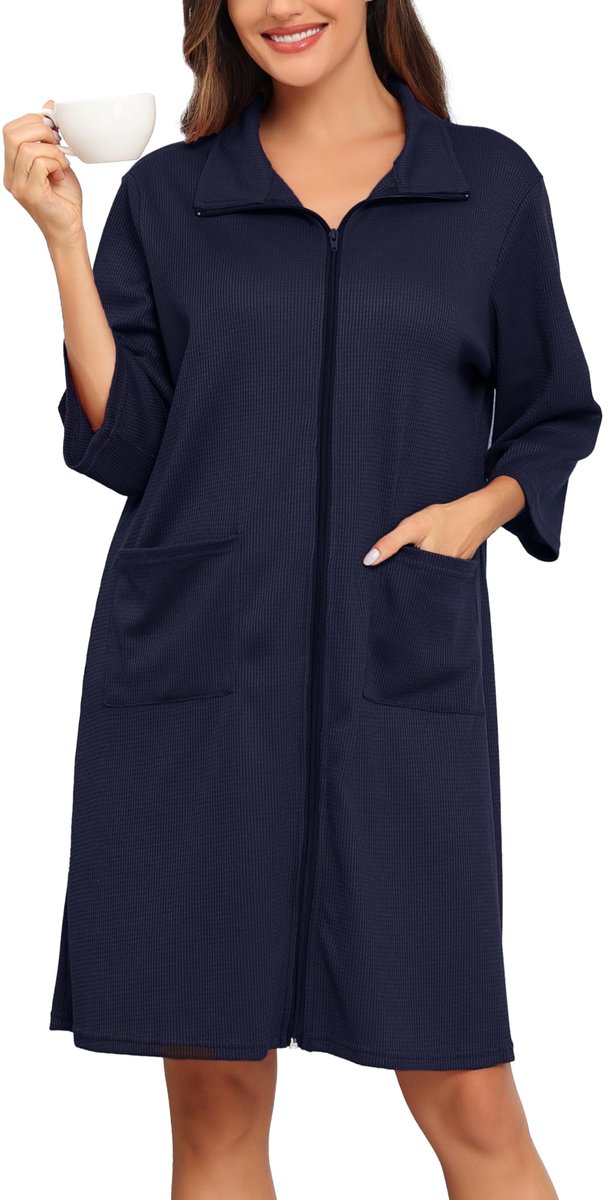 Dames Badjas - Wafelstof - Lichtgewicht - Met ritssluiting - 3/4 mouwen - Knielengte - Met zakken - Marineblauw - Maat XL