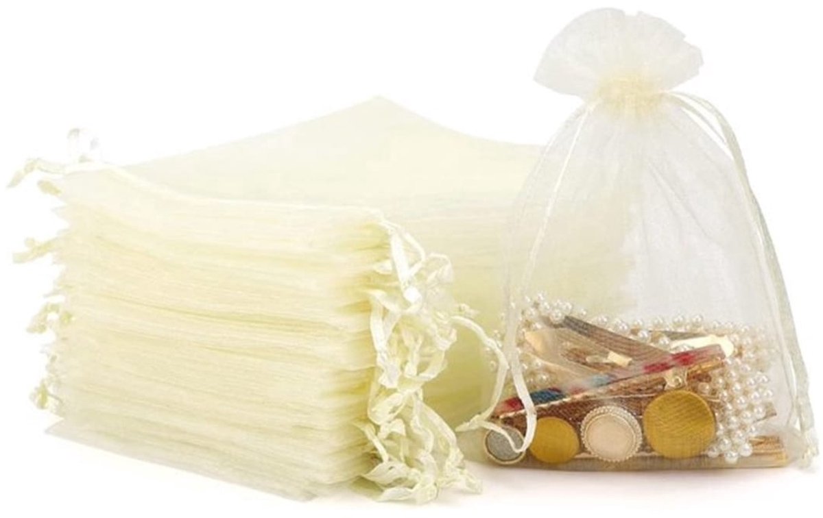 Medium organza zakjes 10x15 cm - 50 stuks feestzakjes - snoepzakjes - cadeau zakjes - geboorte - sieradenzakjes - trekkoord - beige/creme