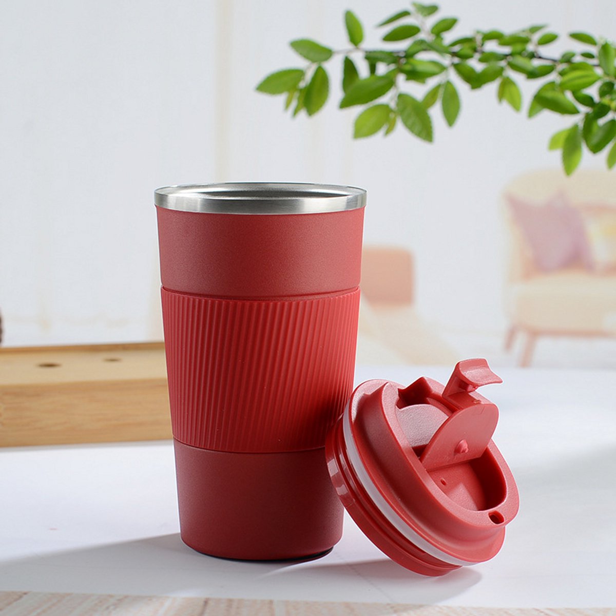 Coffee Thermosbeker - Koffiebeker To Go - Rood - Travel Mug voor Koffie en Thee - Theebeker - 380 ML - RVS