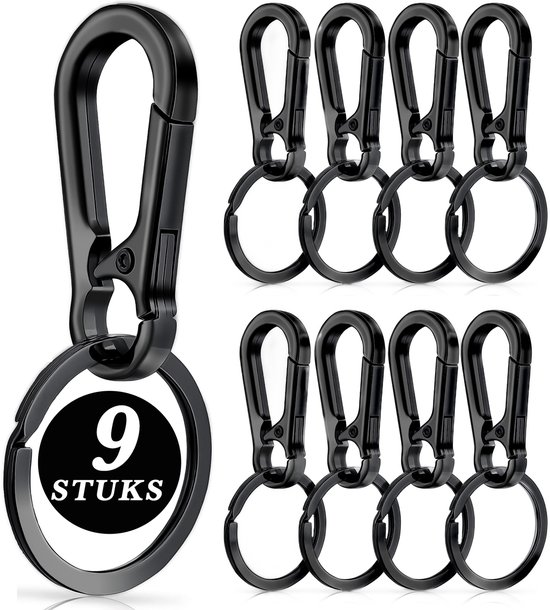 Lot de 9 Porte-clés mousquetons en acier inoxydable Zwart - Mousqueton avec anneaux pour Adultes - Mini mousqueton et anneaux - Mousqueton pour voiture, Klein porte-clés, support - Bagues mousquetons - Mousqueton porte-clés avec fermoir mousqueton