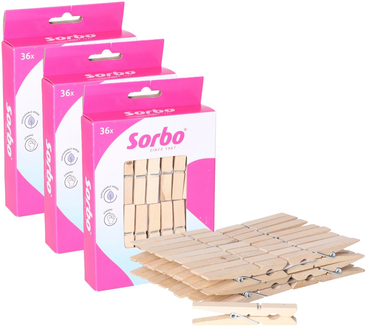Sorbo Wasknijpers - Hout - 108 stuks (3x36)