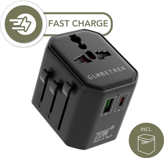 GlobeTrek® Reisstekker - Wereldstekkers - Fast Charging - Universele Wereldstekker - USB-C USB-A snel laadpoorten - 170+ landen: Engeland (UK), Amerika (USA), Australië, Japan, Zuid Amerika, Azië, Thailand, Afrika, Europa - Snellader - Reisadapter