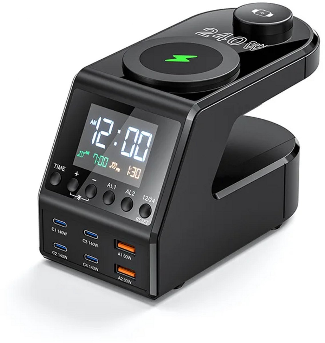 DrPhone GaNForce3 240W 10-in-1 GaN Oplaadstation – 4x USB-C PD3.1 140W + 2x USB-A QC3.0 – Dual Wireless Charging Voor Airpods & Apple Watch – Digitaal Display & Dubbele Wekker – Voor Laptop, iPhone, Samsung, iPad - Zwart