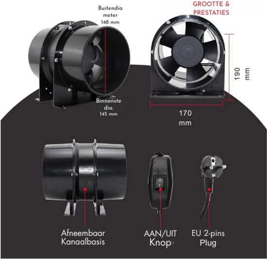 Moonjor Afvoerventilator voor de keuken, 150 mm, 320 m3/u, IPX2