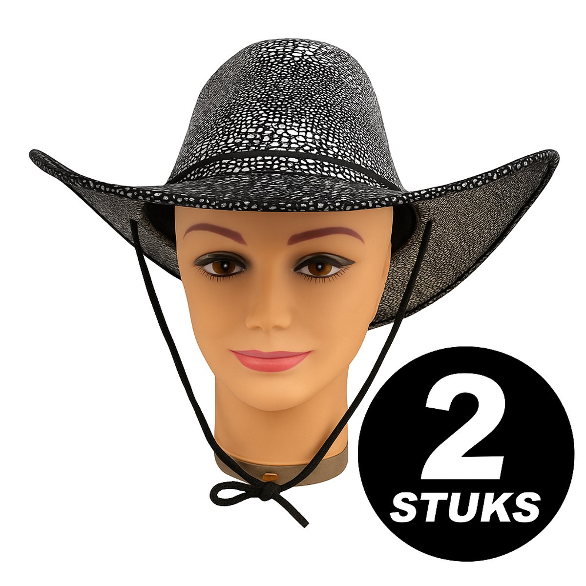 Cowboyhoed Zwart/Wit Slangenprint – 2 Stuks – Verkleed Hoeden met Koord – Unisex – Carnaval & Themafeest