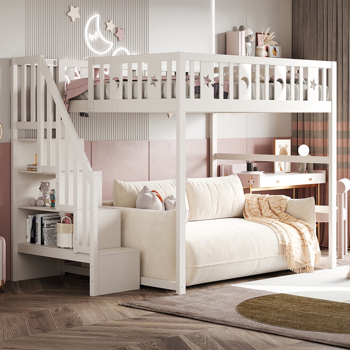 KOMHTOM Stapelbed voor kinderen 140*200 met trap, stapelbed van massief hout met veiligheidshek, decoratie met sterren en maan. Wit