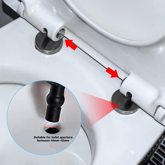 Close-up van toiletbril scharnieren met pijlen die de bevestiging tonen. Inzet toont rubberen plug.
