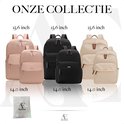 Collectie van Aramae rugzakken in verschillende maten en kleuren: zwart, lichtroze en crème.