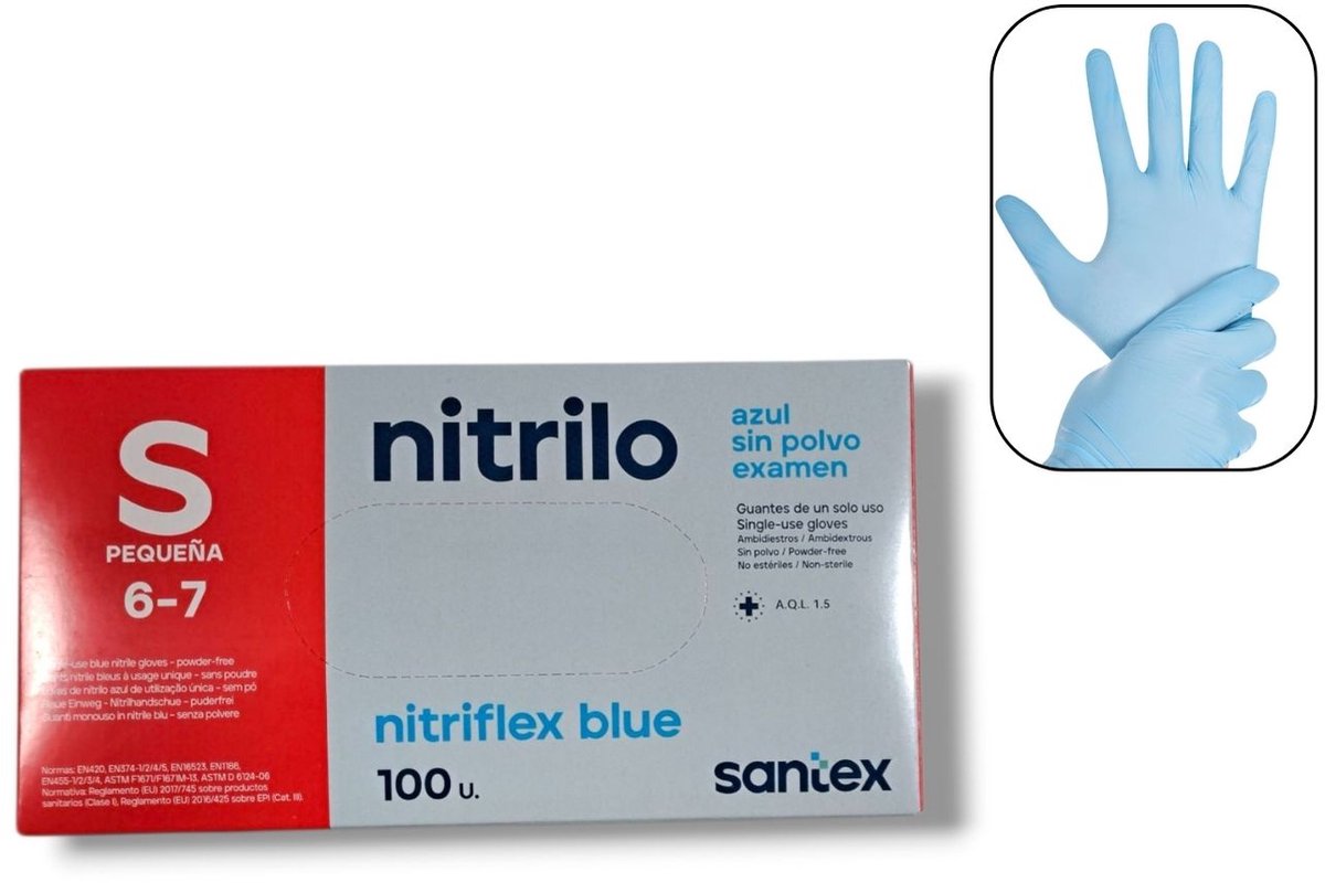Santex - 100x Wegwerp Handschoenen - Nitrile - Blauw - Powder Free - Latex free - Maat S