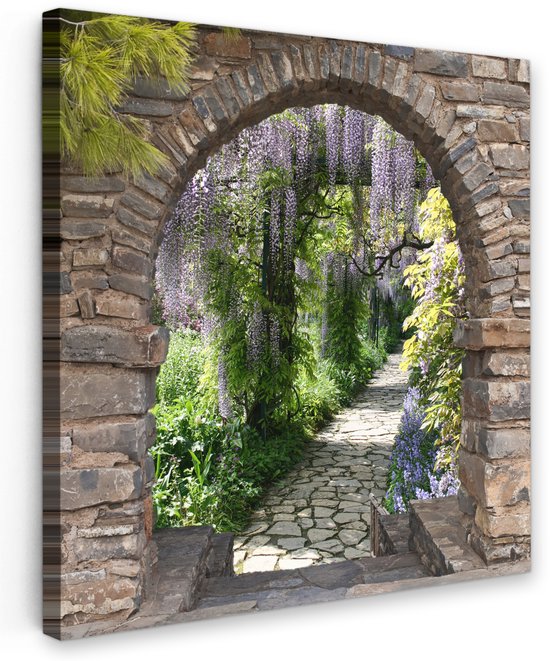 Tableau de jardin pour extérieur 90x90 cm - Décoration de jardin Forêt - Vue - Chemin en pierre - Affiche de jardin sur toile - Décoration murale de jardin - Tableau d'extérieur décoration - Clôture décoration murale - Toile d'extérieur