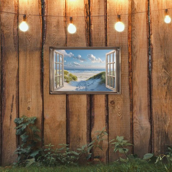 Affiche de jardin 60x40 cm - Décoration de jardin Vue - Plage - Fenêtre - Dunes - Mer - Affiche pour le jardin - Décoration extérieure - Tableau de jardin clôture - Décoration murale sur toile de jardin - Décoration murale sur toile de balcon