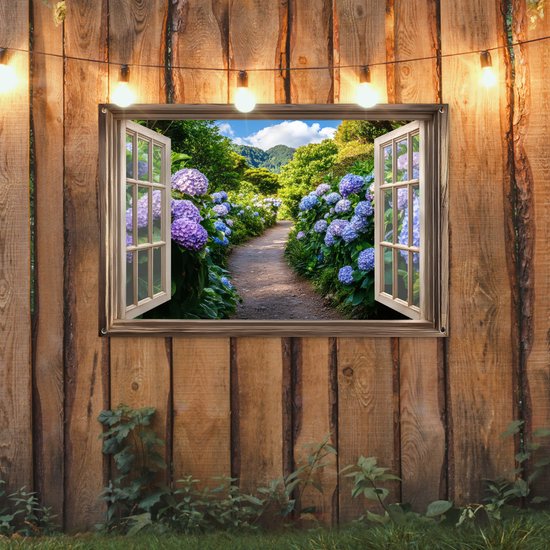 Affiche de jardin 120x80 cm - Décoration de jardin Vue - Hortensia - Chemin - Nature - Affiche pour le jardin - Décoration extérieure - Tableau de jardin clôture - Décoration murale sur toile de jardin - Décoration murale sur toile de balcon