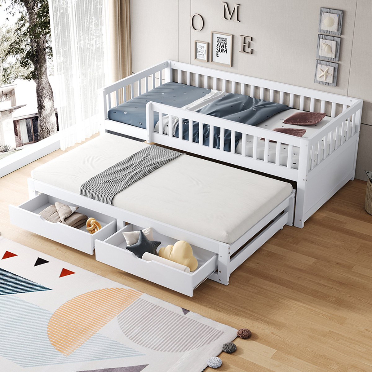Komhtom Slaapbank van massief hout 90*200 cm, volledig beklede veiligheidshek, uitschuifbaar bed met 2 lades eronder, met lattenbodem, kinderbed, tienerbed, extra bed voor volwassenen, wit