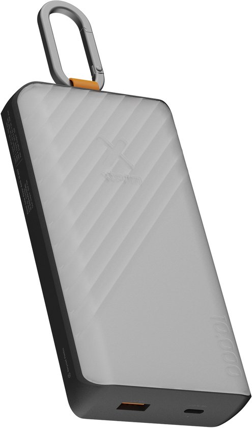 Grijze Xtorm powerbank 10.000 mAh met ribbelpatroon en karabijnhaak.