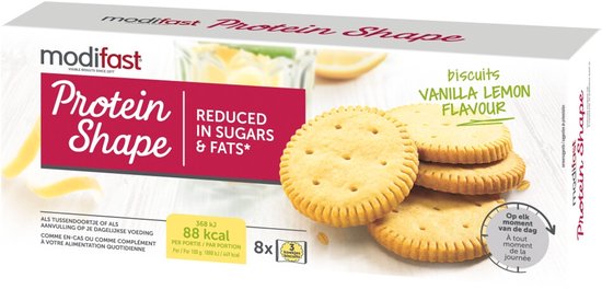 Verpakking Modifast Protein Shape vanille-citroenkoekjes met 88 kcal per portie en afbeelding van koekjes.